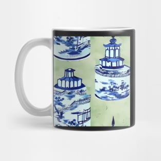 Blue and white chinoiserie jars on sage green Mug